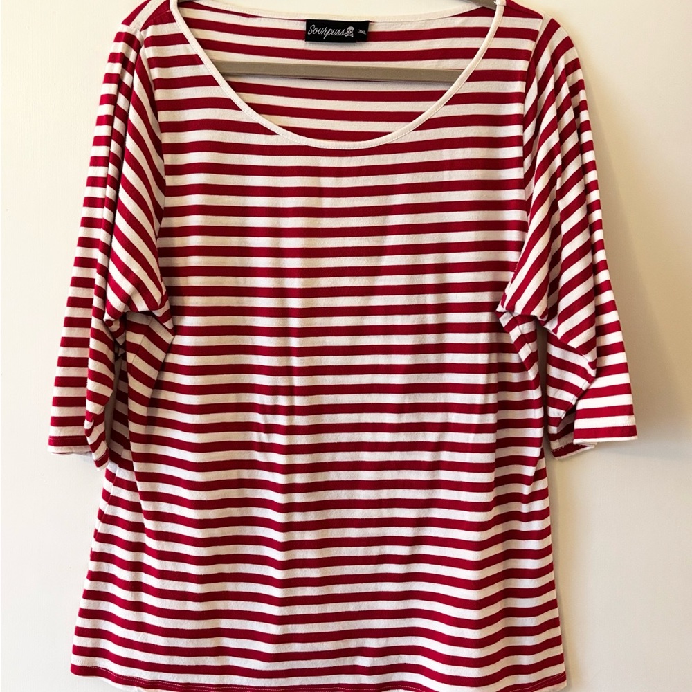 Sourpuss Red & White striped top with 3/4 length sleeves